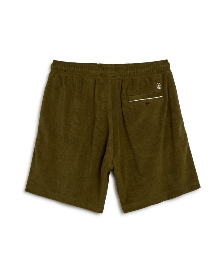 The Dandy Del Mar Gaucho Short - Arbequina in olive green.