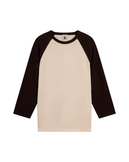 The Dandy Del Mar Grenada Sweater Knit Baseball Tee - Tierra pairs black sleeves with a beige body in a vintage-sport style, crafted from lightweight cotton and shown laid flat on a white background.