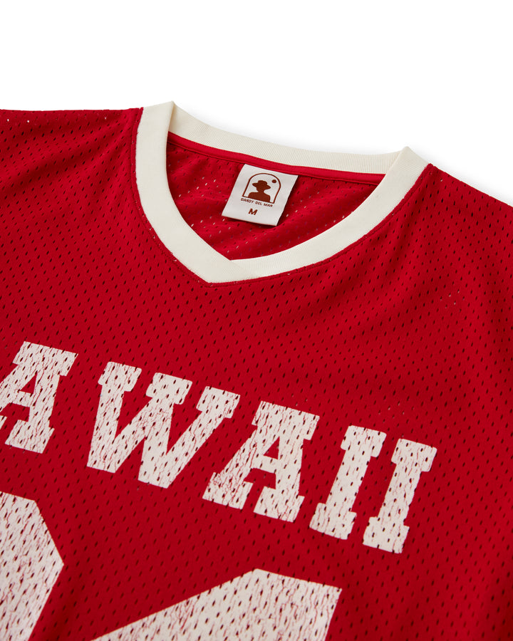 A red Kaena Mesh Tee - Pico with the word hawaii on it from Dandy Del Mar.