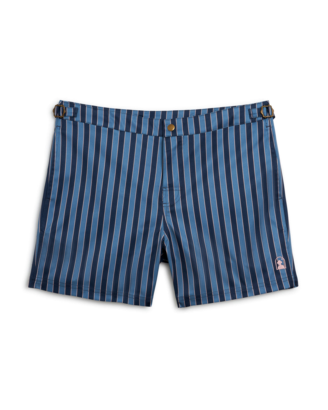 These men's Mallorca Swim-Walk Shorts by Dandy Del Mar feature a blue and black striped design with adjustable antique brass side fasteners for a comfortable fit. Made with single layer nylon construction, these swim trunks are perfect for your summer adventures.