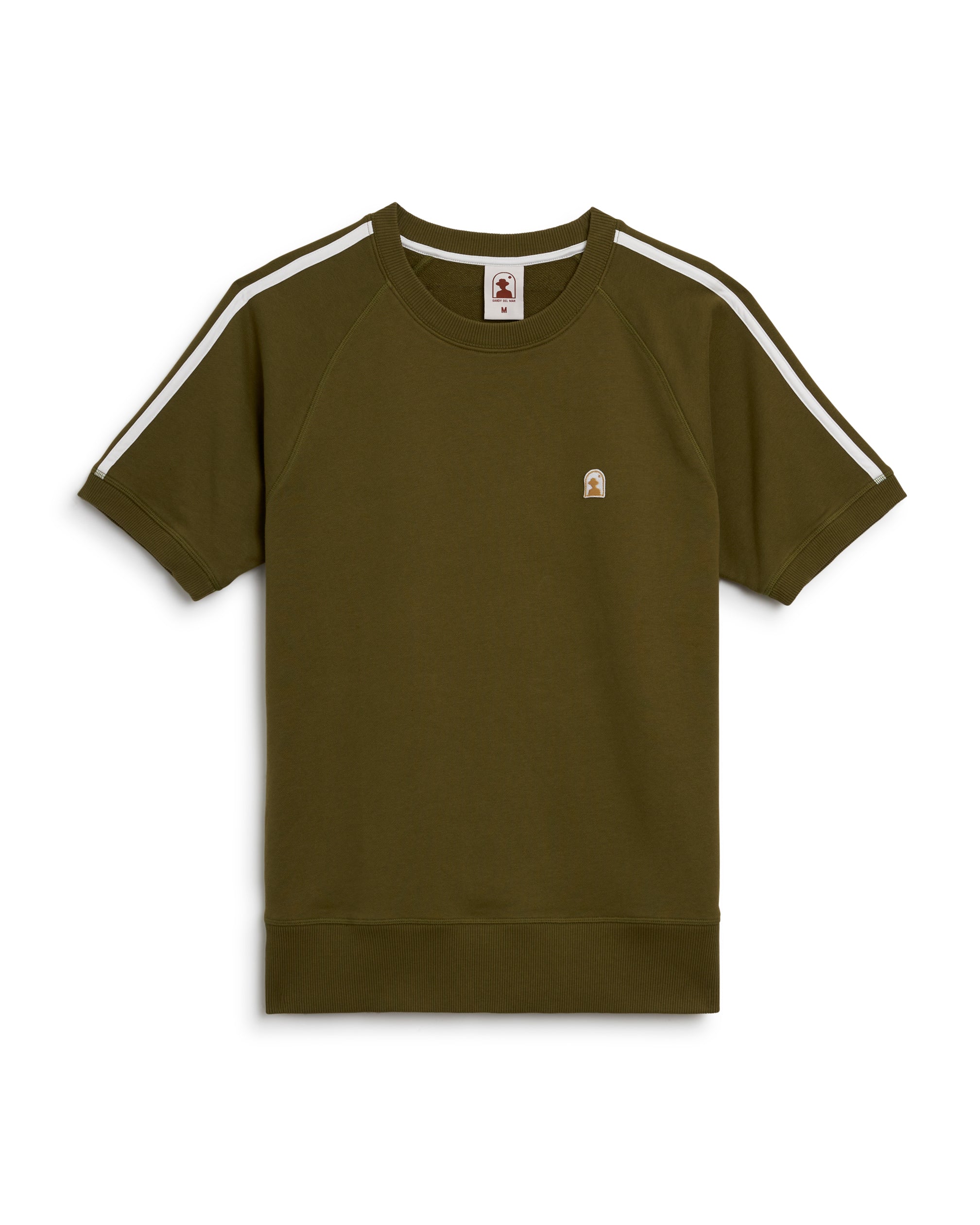 A green short-sleeve "The Marseille French Terry Pullover - Arbequina" by Dandy Del Mar, featuring white stripe detailing on the shoulders and sleeves as well as a small logo patch on the front.