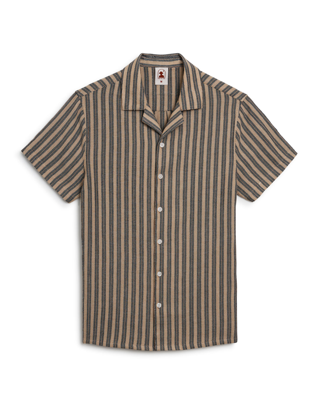 The men's striped Palma shirt in beige and tan is an equatorial essential for a stylish getaway. 
New sentence: The Cacao Stripe Palma Shirt by Dandy Del Mar is an equatorial essential for a stylish getaway.