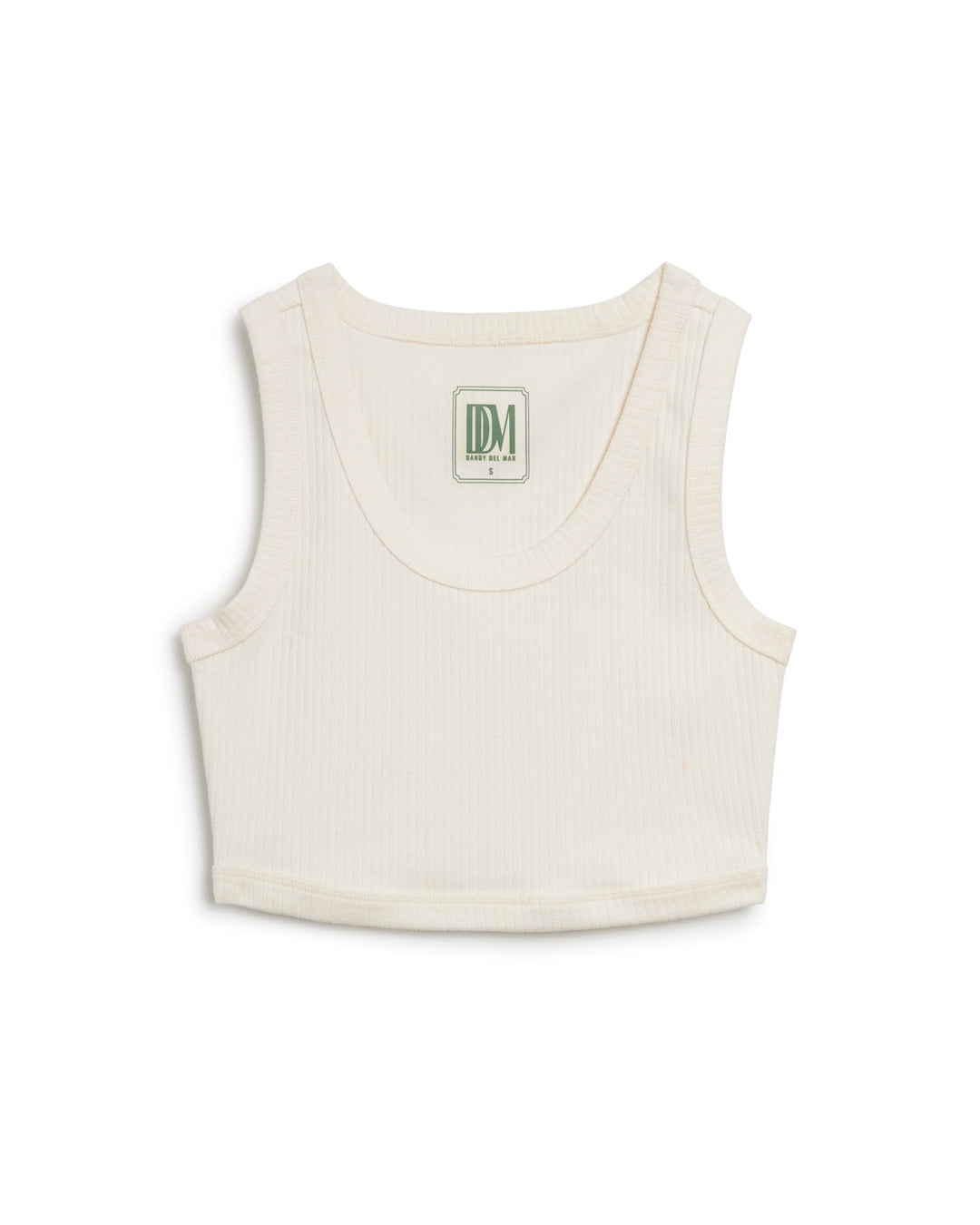 A white crop top with a green logo on it, the Dandy Del Mar Seine Rib Tank - Shell.