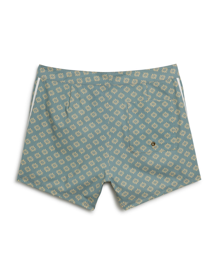 These Dandy Del Mar Stirata Swim Shorts in Abalone feature a 4-way stretch fabrication and are water-resistant, designed in a blue and gold pattern.