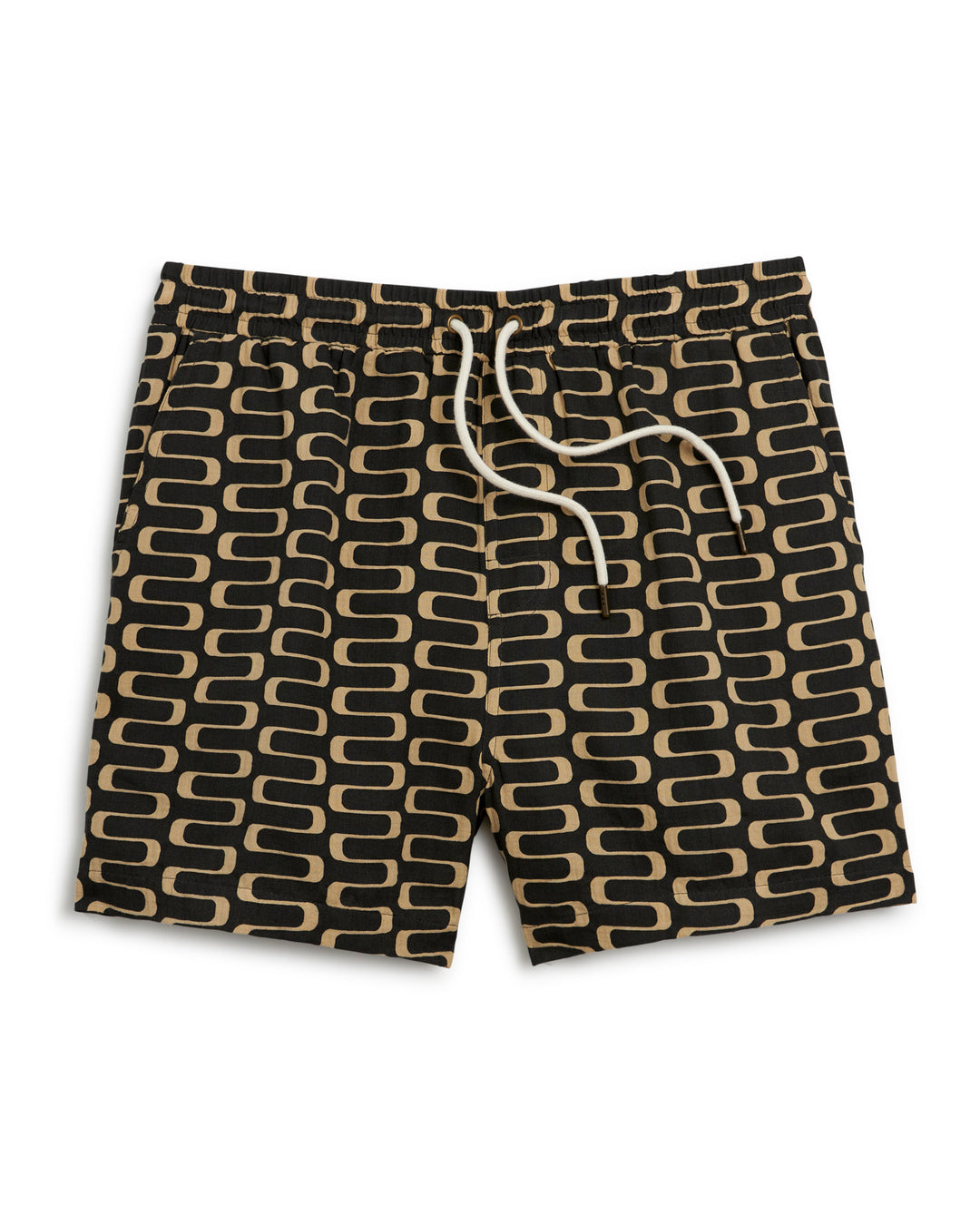 A lightweight Dandy Del Mar Grenadine Short - Truffle men's swim trunks with a black and tan pattern.