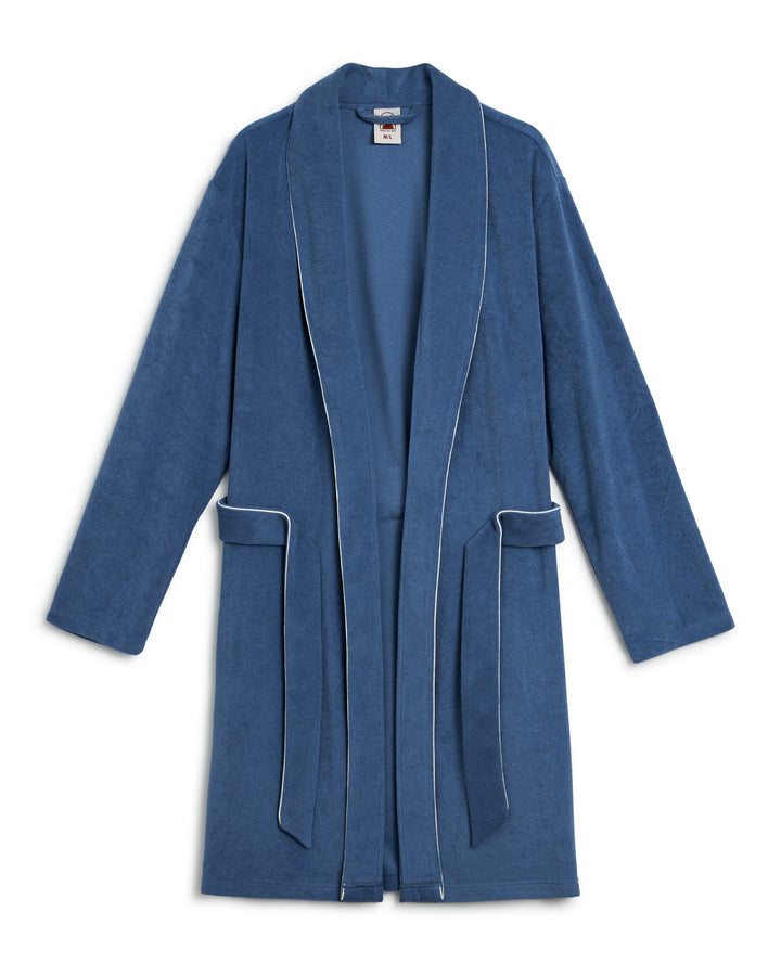 A Dandy Del Mar Tropez Robe in blue with white trim, offering an above-the-knee fit that is relaxed and comfy.