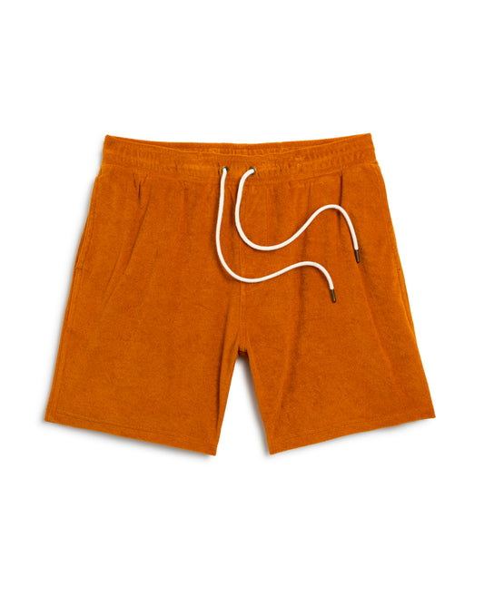 A men's Dandy Del Mar Burnt Sienna lounge shorts with a drawstring, perfect for lounging in Côte d'Azur or St. Tropez - The Tropez Short.
