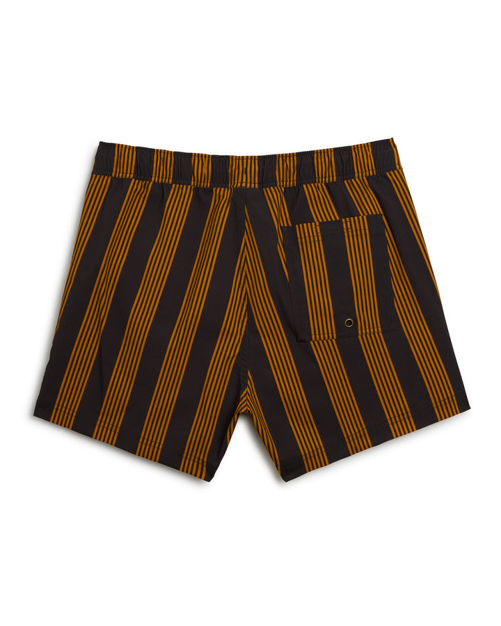 A brown and black striped Ventura Volley Short - Albatross swim trunks by Dandy Del Mar.
