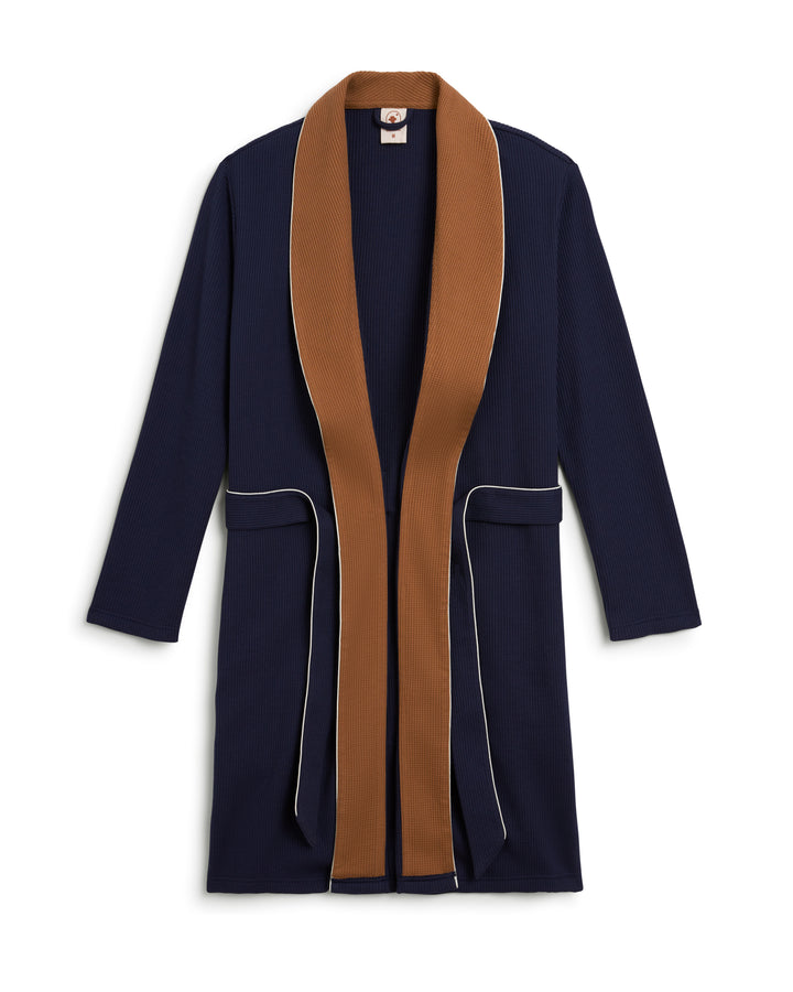 A Dandy Del Mar Cannes Robe - Luxe Navy comfort jacket with a brown trim.