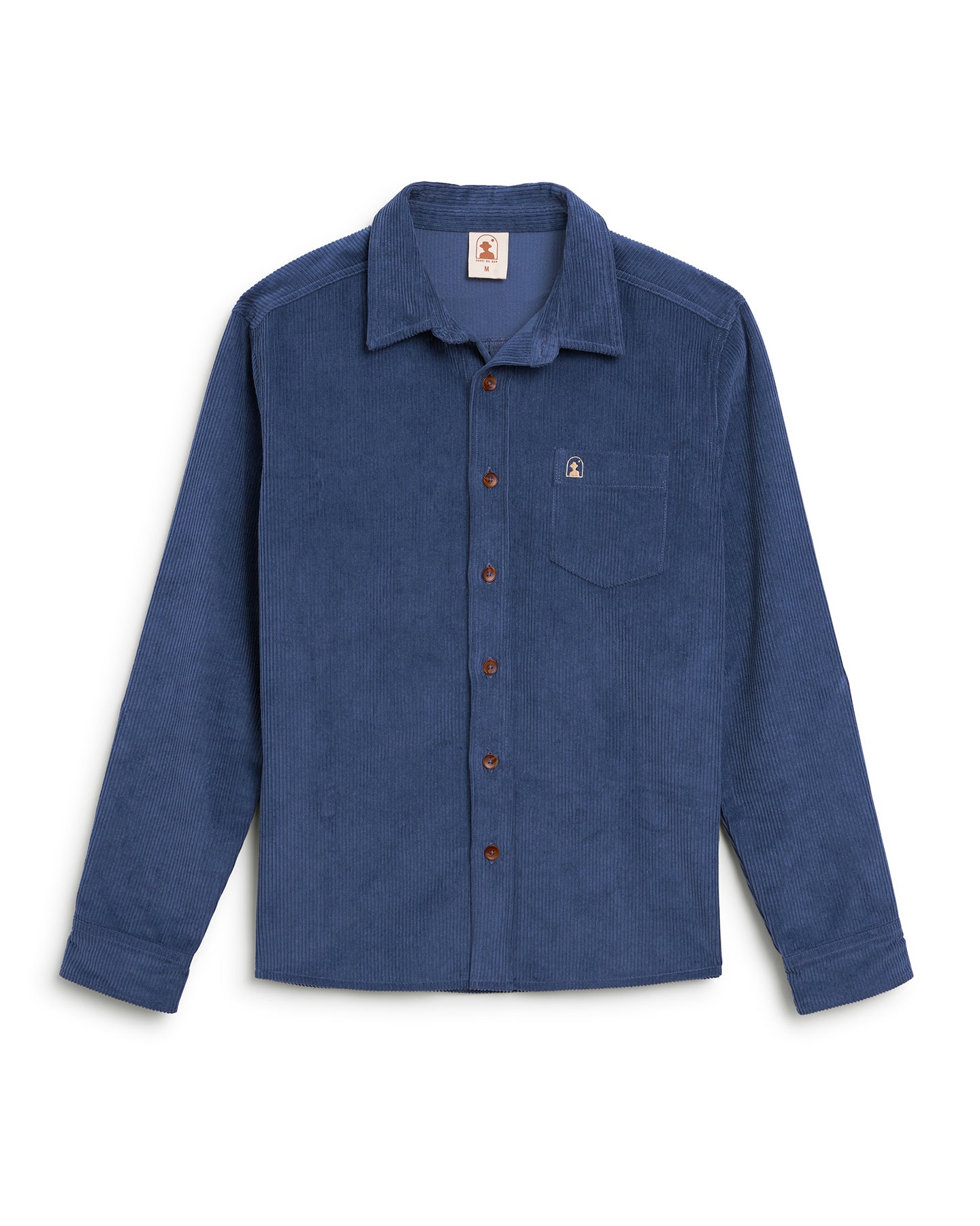 The Corsica Corduroy Shirt - Moontide by Dandy Del Mar: Blue 8-wale corduroy button-up long-sleeve shirt with a pointed collar, chest pocket, and brown buttons, tailored relaxed fit, displayed on a white background.