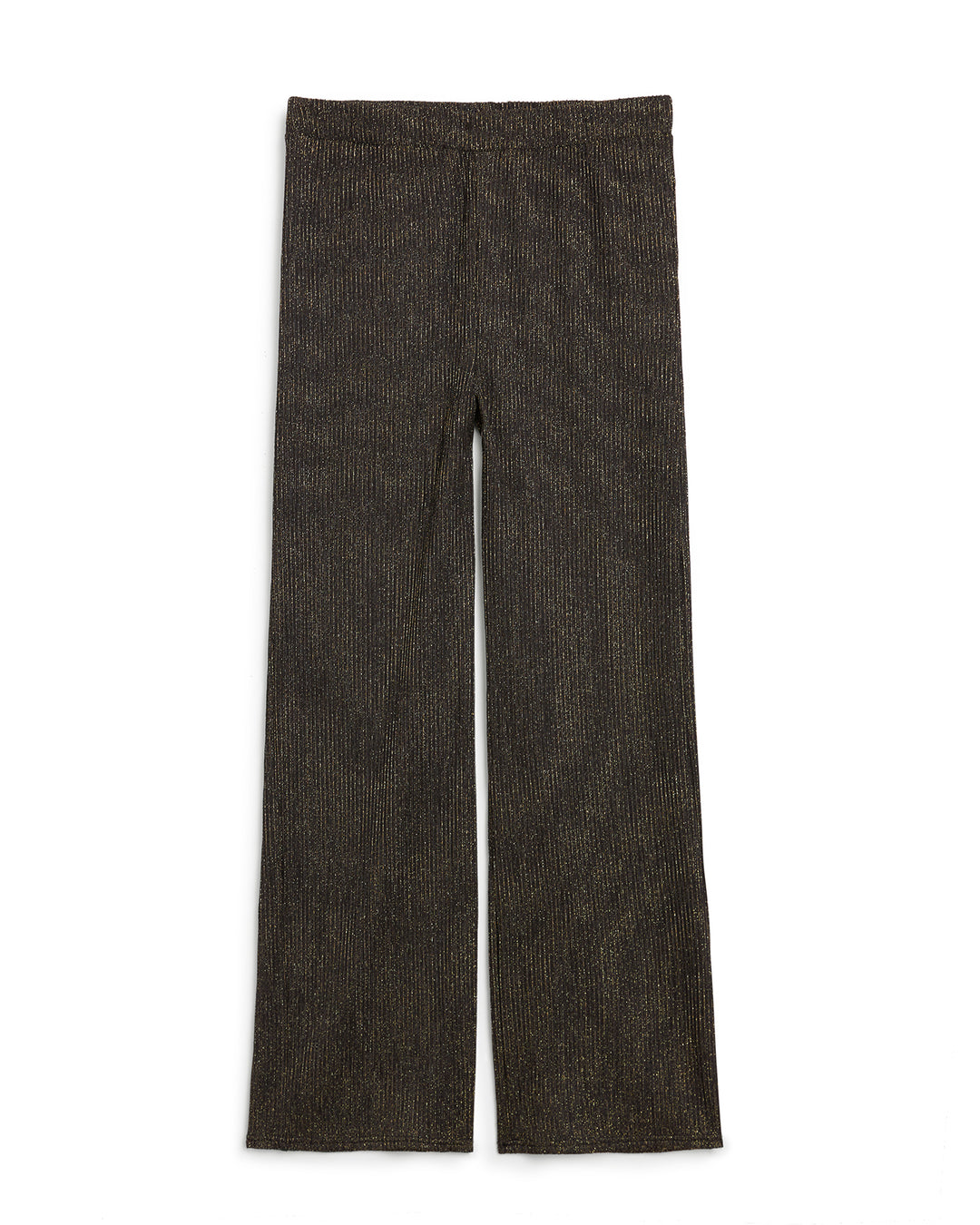 A pair of brown wide leg The Hydra Sheer Shimmer Pant - Onyx pants from Dandy Del Mar with an elastic waist for added comfort.