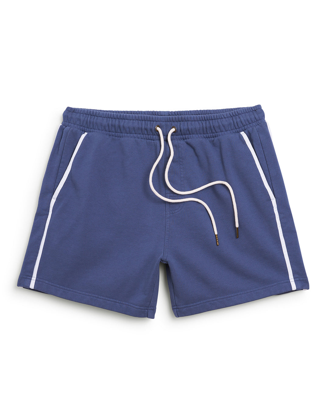 The Moontide Marseille Short is a pair of men's blue swim shorts with white piping and a drawstring trainer.