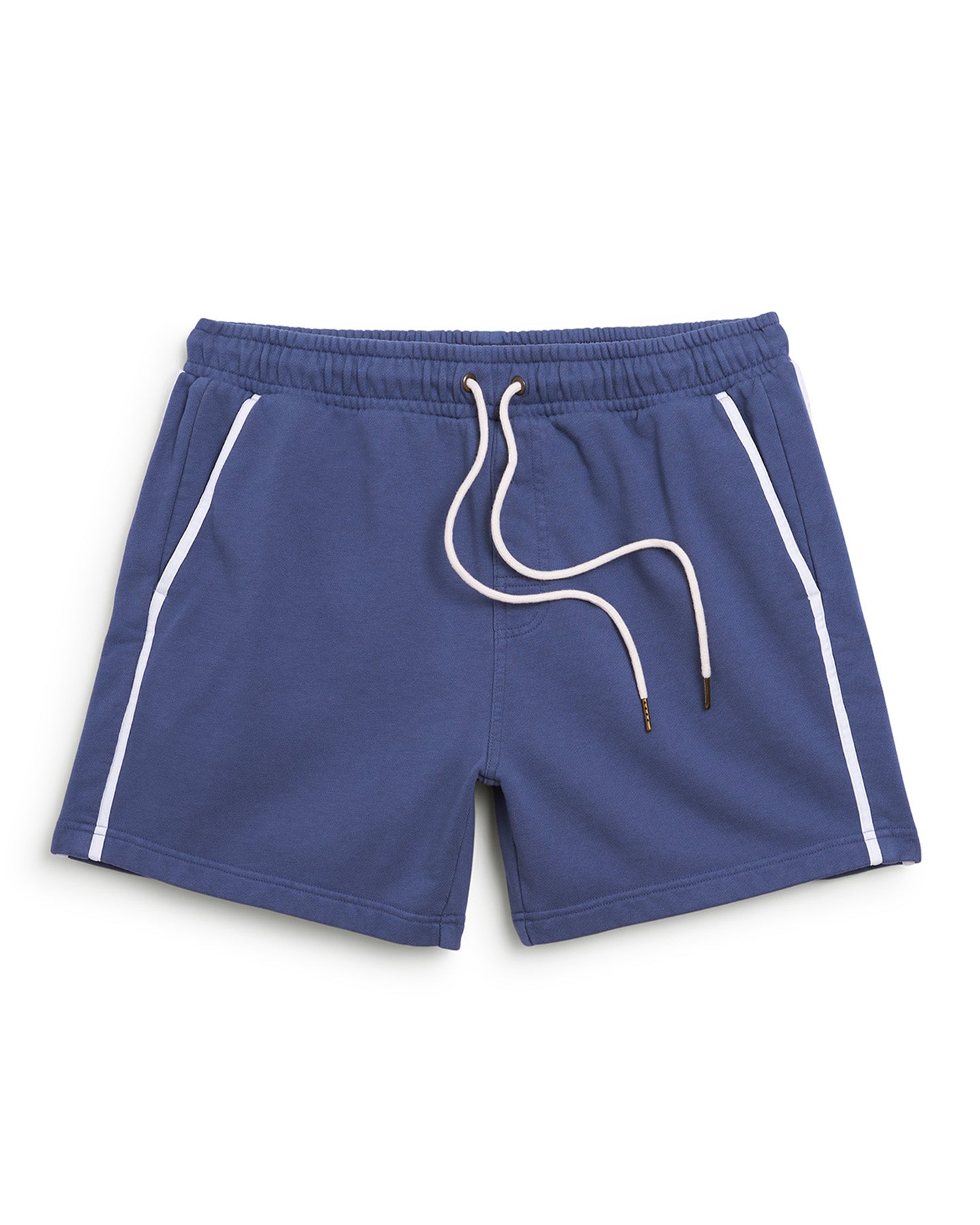 The Marseille French Terry Short - Moontide by Dandy Del Mar features blue athletic shorts with white side piping, an elastic waistband, white drawstrings, and a comfortable French terry fabric.