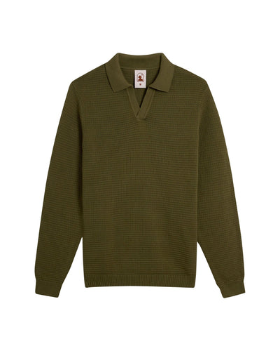 The Sebastian LS Polo Shirt - Arbequina by Dandy Del Mar, crafted from soft sweater-knit cotton with a collar and v-neck opening, in olive green from our knitwear collection, shown laid flat on a white background.