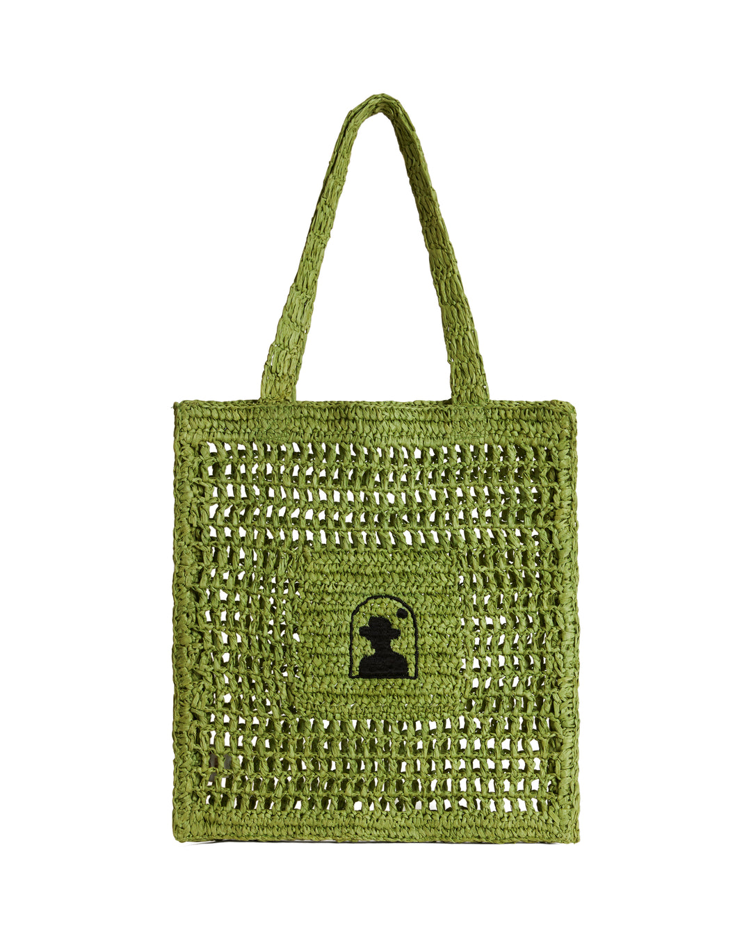 The Amabile Raffia Bag in Kaffir by Dandy Del Mar, with a black padlock design in the center, isolated on a white background.