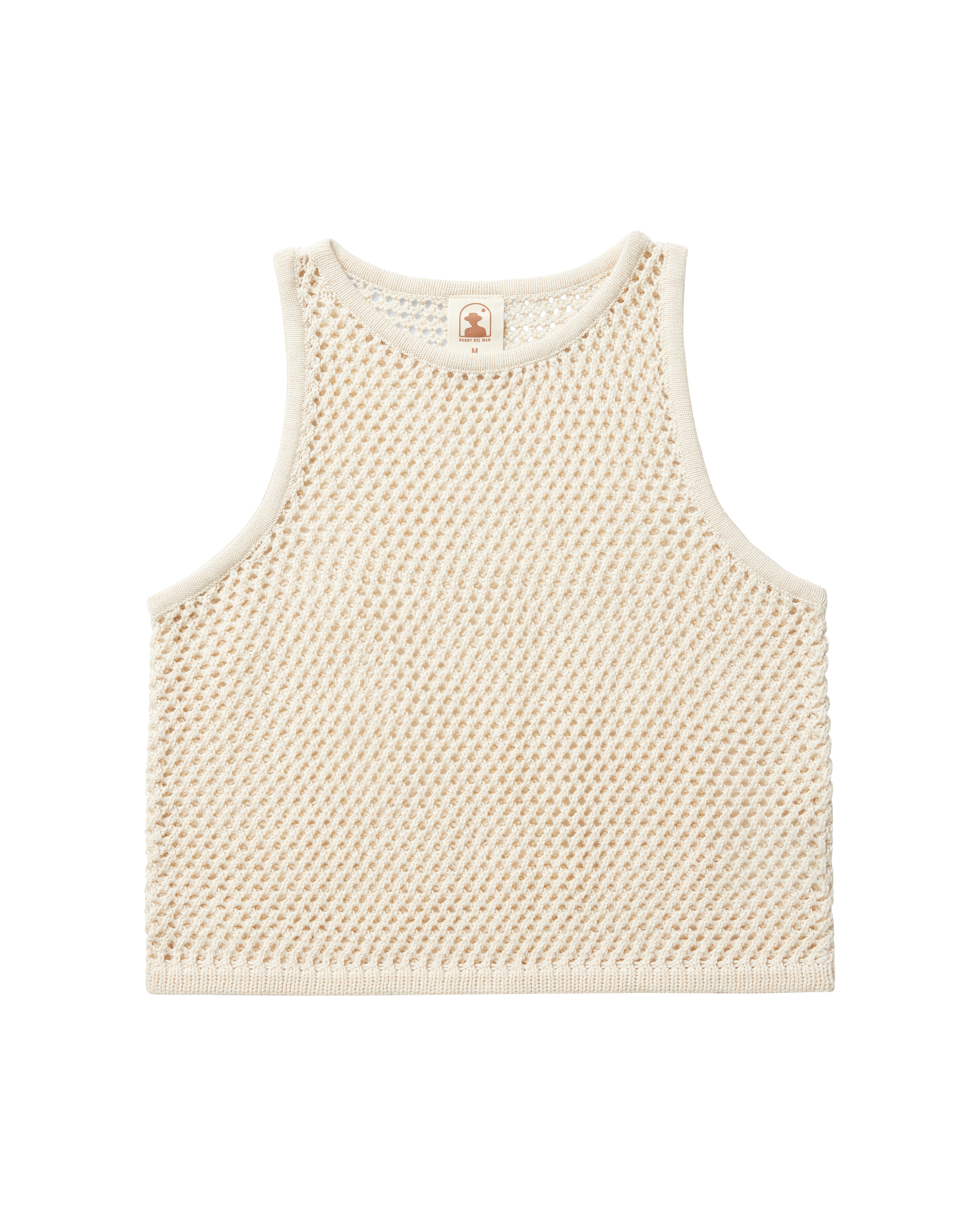The Málaga Crochet Tank by Dandy Del Mar in Vintage Ivory features a sleeveless design, round neckline, and relaxed fit, displayed laid flat on a black background.