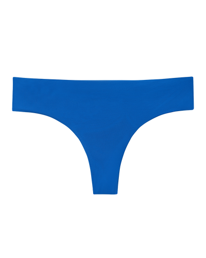 The Delphi Bottoms - Solana by Dandy Del Mar, a pair of blue seamless women's thong underwear, is displayed on a plain white background.