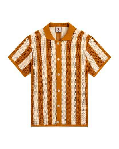The Dominica Crochet Shirt - Burnt Sienna Stripe from Dandy Del Mar features short sleeves, a collar, white buttons, and vertical brown and white stripes in a mesh-like crochet fabric.
