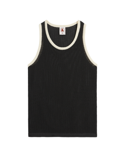 The Dominica Crochet Tank - Albatross by Dandy Del Mar is a relaxed-fit black mesh tank with white trim along the neckline and armholes, shown laid flat against a plain background.