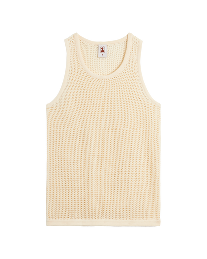 The Dominica Crochet Tank by Dandy Del Mar, a vintage ivory sleeveless top with a relaxed fit, is laid flat on a black background.