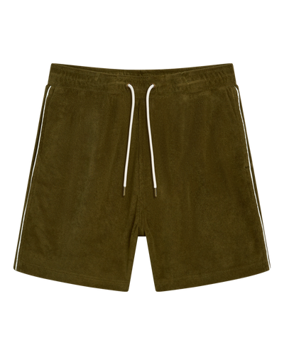 The Gaucho Terry Cloth Shorts - Arbequina by Dandy Del Mar feature an olive green hue, white side stripes, and a drawstring waistband—ideal for relaxed leisurewear. Shown against a white background.