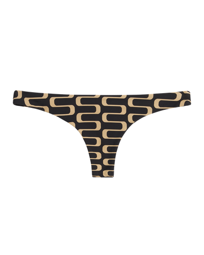 The Gomera Bottom - Albatross by Dandy Del Mar features a black and beige geometric rectangular pattern, seamless design, cheeky coverage, and a mid-rise cut, displayed against a white background.