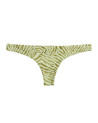 The Gomera Bottom - Arbequina by Dandy Del Mar features a beige and light brown zebra print with cheeky coverage, displayed on a plain black background.
