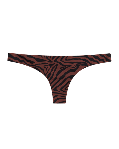 The Gomera Bottom - Onyx by Dandy Del Mar features a brown and black zebra print in a thong style with cheeky coverage, shown against a white background.