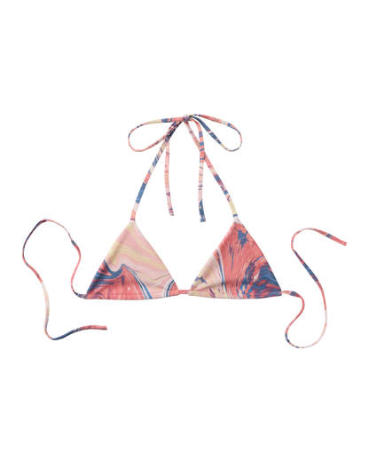 The Hierro Top - Lantana by Dandy Del Mar is a triangle bikini top with a pink, blue, and cream marble pattern and adjustable neck and back ties.