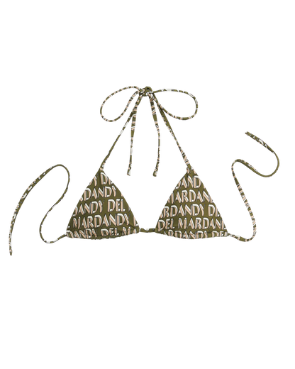 The Hierro Top - Arbequina by Dandy Del Mar is a green sliding triangle bikini top with a minimalist repeating pattern and adjustable neck/back ties—perfect for all-day UV bliss.