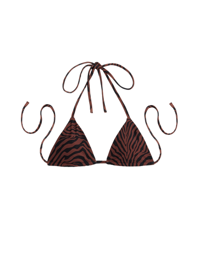 The Hierro Top - Onyx by Dandy Del Mar is a brown and black zebra-print sliding triangle bikini top with tie straps, made from recycled nylon and shown on a plain background.