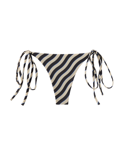 The Kokomo Bottom - Tierra by Dandy Del Mar features black and beige wavy stripes with side tie strings, shown on a plain background.