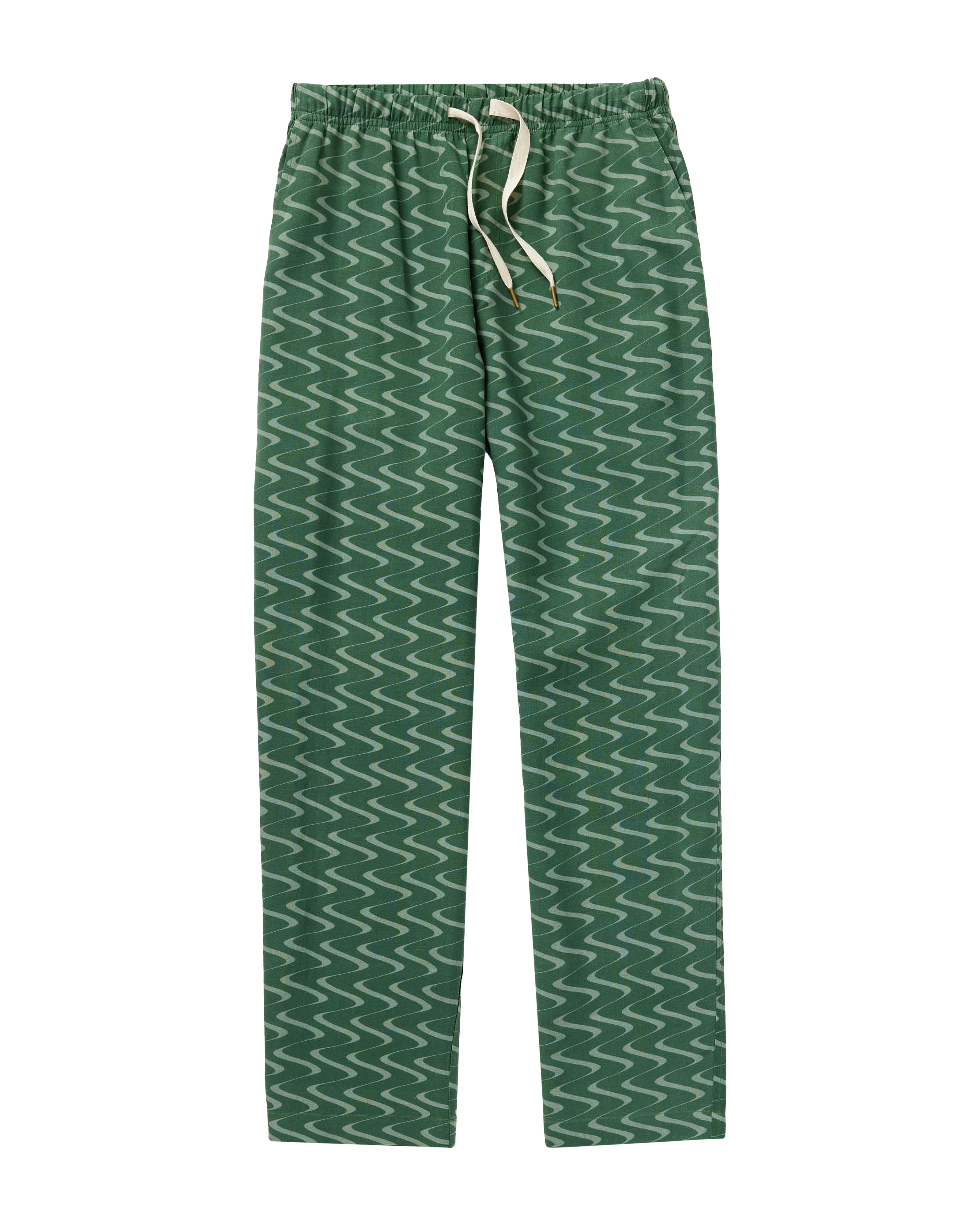 The Lucia Pant - Emerald Tidal Print by Dandy Del Mar features a green featherweight linen with white zigzag pattern and an elastic waistband with white drawstring—ideal for relaxed comfort as part of the Lucia Set.
