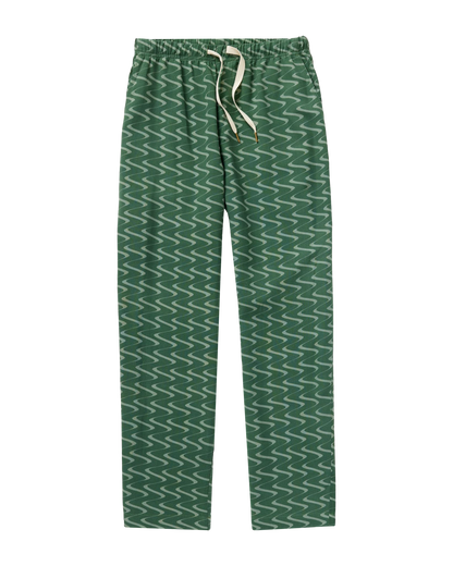 The Lucia Pant - Emerald Tidal Print by Dandy Del Mar features a green featherweight linen with white zigzag pattern and an elastic waistband with white drawstring—ideal for relaxed comfort as part of the Lucia Set.