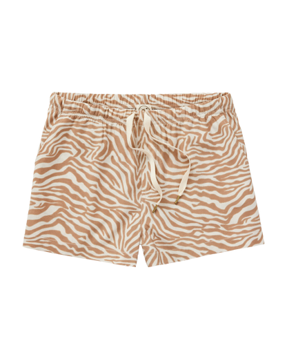 The Lucia Short - Cortado Sawla Print by Dandy Del Mar: tan and white zebra print featherweight linen shorts with a comfy drawcord elastic waist, shown laid flat on a white background.