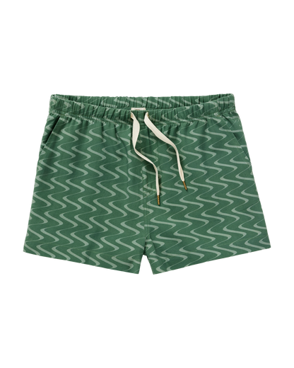 The Lucia Short in Emerald Tidal Print by Dandy Del Mar features a white zebra zigzag pattern, elastic waistband, and white drawstring, displayed flat against a white background for casual comfort.