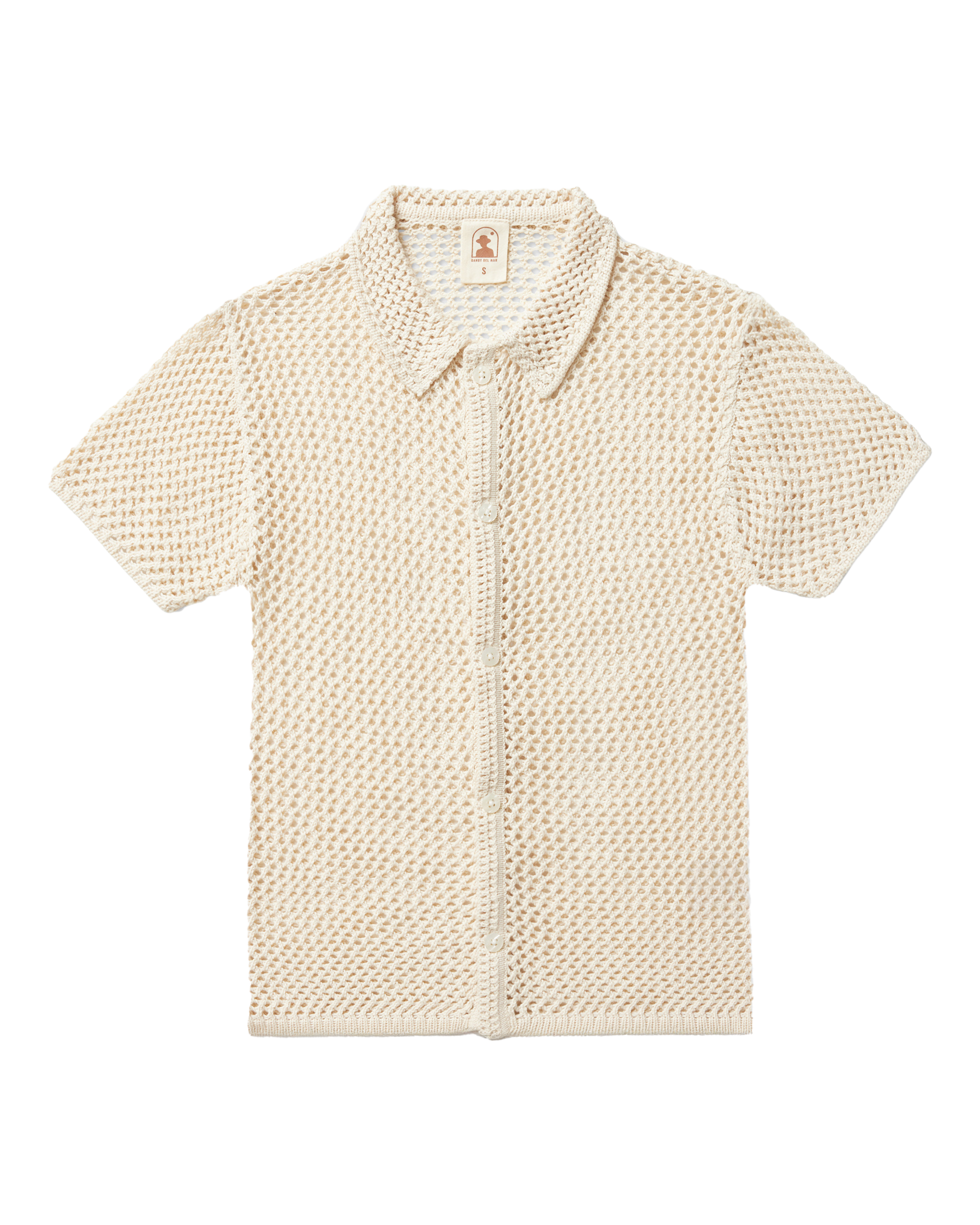 The Málaga Crochet Shirt by Dandy Del Mar in Vintage Ivory is a short-sleeve, textured crochet knit shirt with a collar and shell buttons, featuring a relaxed fit, displayed on a plain background.