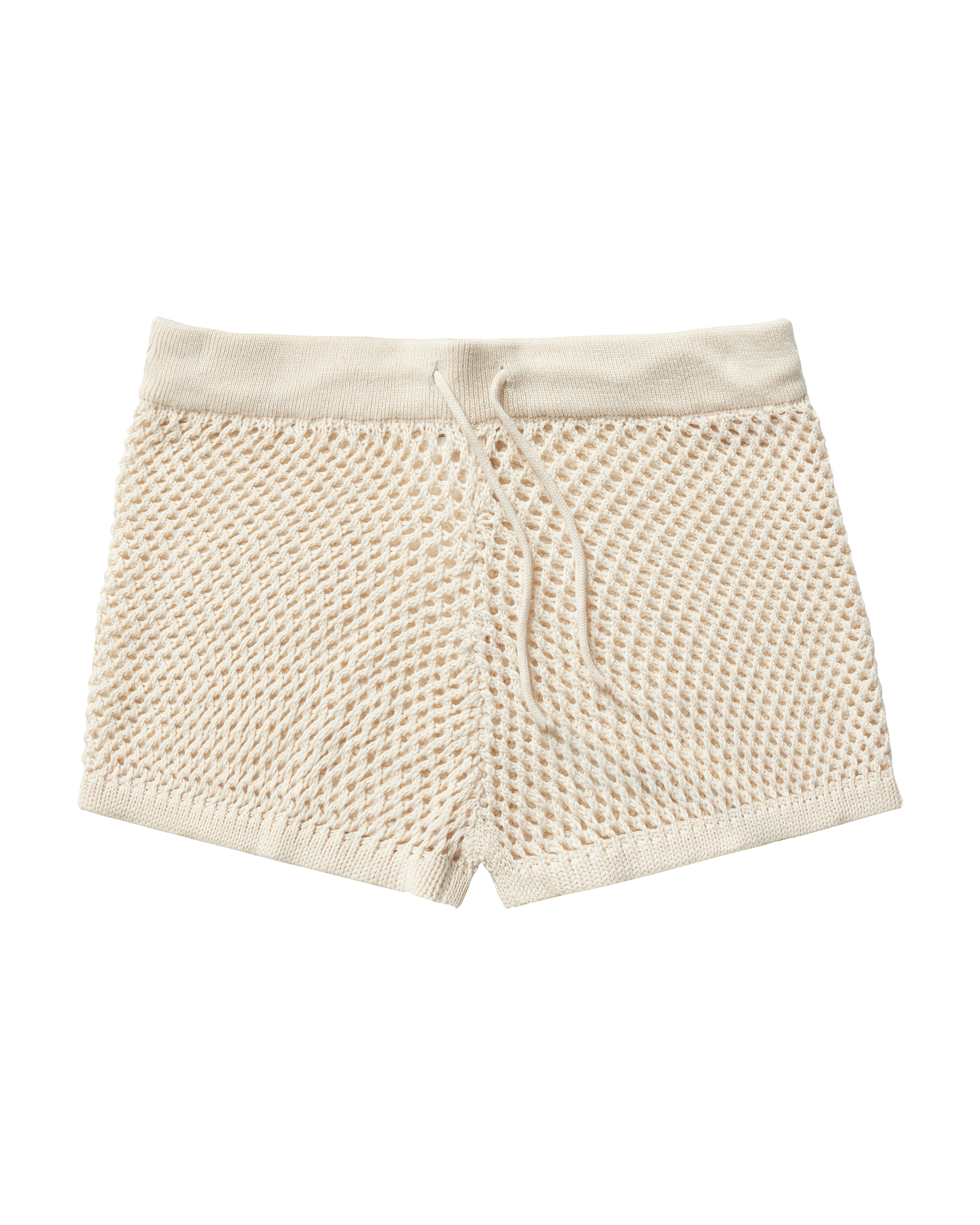 The Málaga Crochet Shorts by Dandy Del Mar in Vintage Ivory feature a low-rise waist, adjustable drawstring, and textured waffle pattern, shown laid flat on a black background.