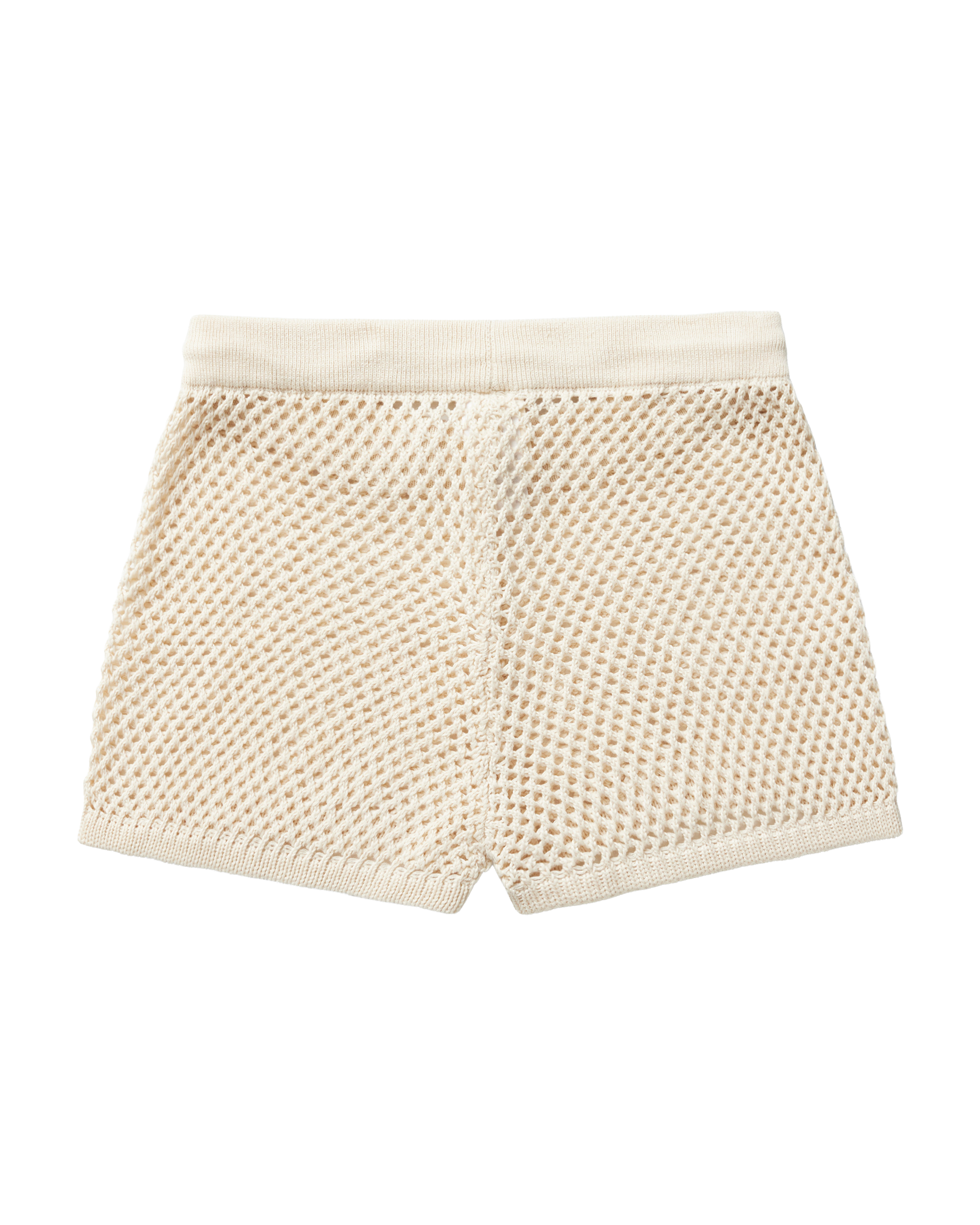 The Málaga Crochet Shorts in Vintage Ivory by Dandy Del Mar feature an elastic waistband and low-rise fit, shown flat on a black background.