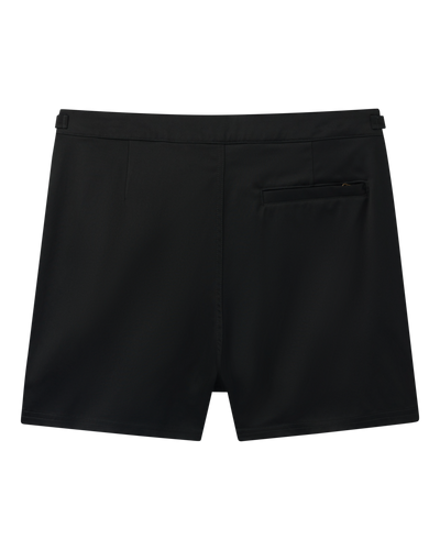 The Mallorca Swim-Walk Shorts - Onyx by Dandy Del Mar feature a tailored black design with a rear pocket, belt loops, and adjustable side fasteners, shown on a plain white background.