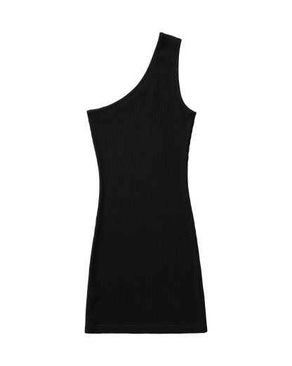 The Marbella Dress - Onyx by Dandy Del Mar is a sleeveless black ribbed waffle knit bodycon mini dress with an asymmetric single shoulder neckline, shown laid flat on a white background.