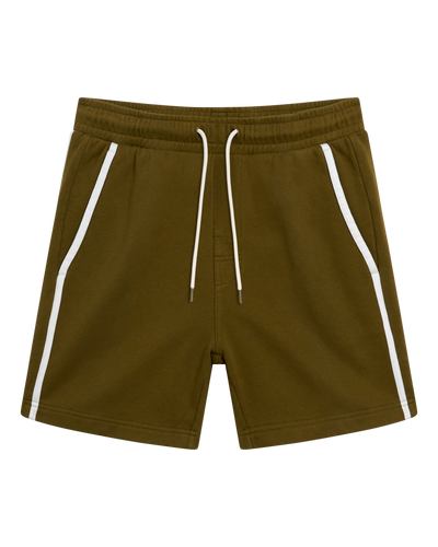 The Marseille French Terry Shorts - Arbequina by Dandy Del Mar: men’s olive green athletic shorts with white side stripes, elastic waistband, and white drawstrings, made from soft French terry and shown on a plain white background.