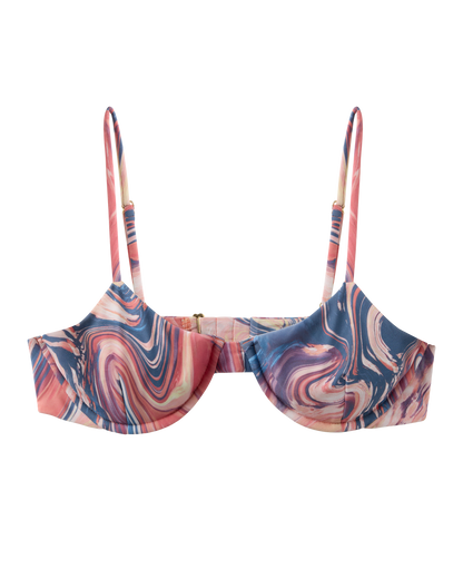 The Avila Top - Lantana by Dandy Del Mar is a women's underwire bra with adjustable straps, made from recycled nylon and showcasing a vibrant marble pattern in pink, blue, and cream.