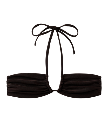 The Biarritz Top - Tierra by Dandy Del Mar is a black bandeau bikini with a tie front, cinch and ruched details, plus a halter neck tie, shown on a plain background.