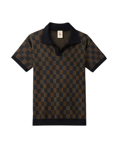 The Sebastian Knit Polo Shirt - Onyx by Dandy Del Mar features short sleeves, a black and brown checkered pattern, and a black collar, displayed on a white background.