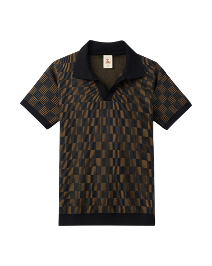 The Sebastian Knit Polo - Onyx by Dandy Del Mar features short sleeves, a black and tan checkered pattern, black collar, cuffs, and hem—all in a timeless Italian knit style. Displayed on a plain black background.