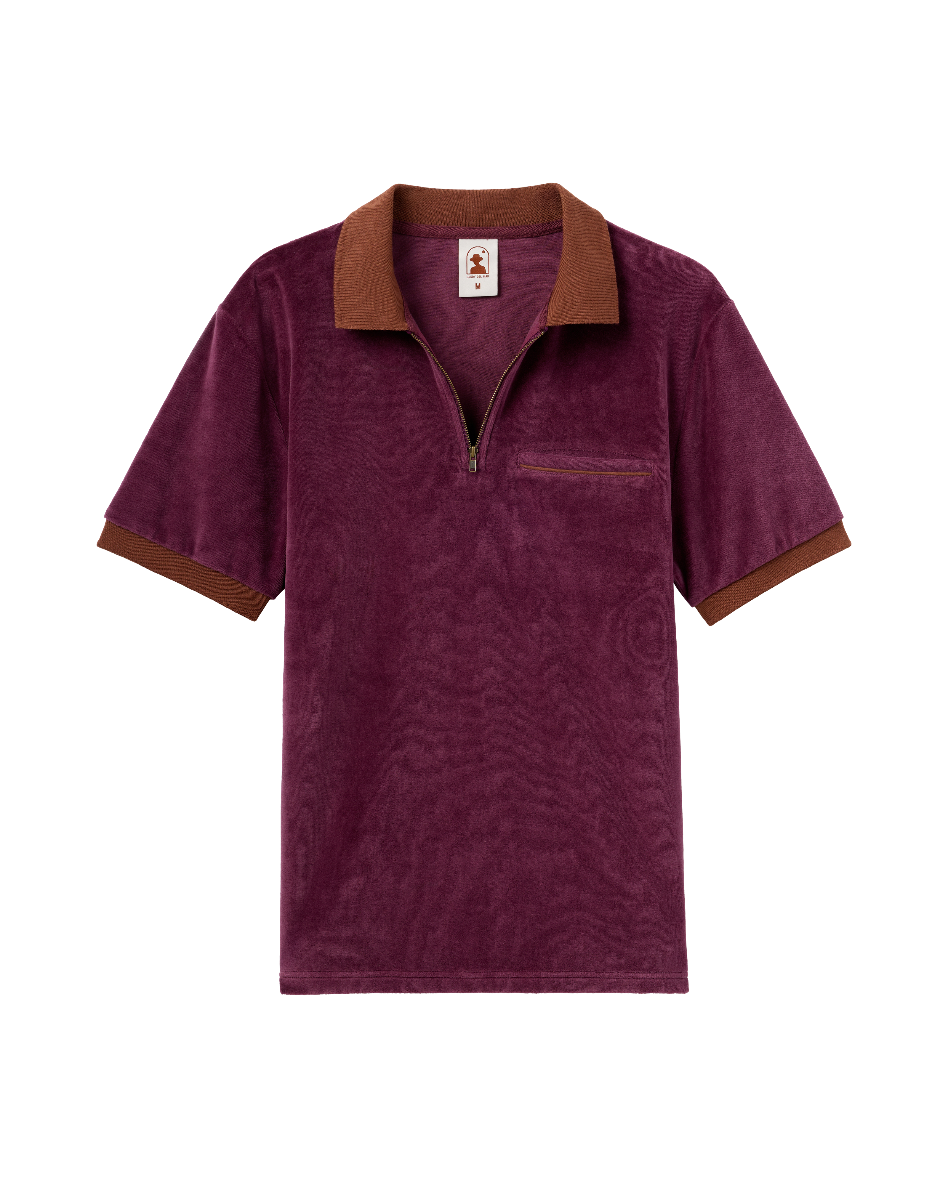 The Rio Velour Shirt - Bordeaux by Dandy Del Mar features maroon short sleeves, brown collar and cuffs, an antique brass zipper, and a chest pocket—a touch of luxury for any occasion.