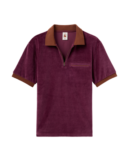 The Rio Velour Shirt - Bordeaux by Dandy Del Mar features luxury burgundy velour, a brown collar and cuffs, chest pocket, and a chic quarter-zip front.