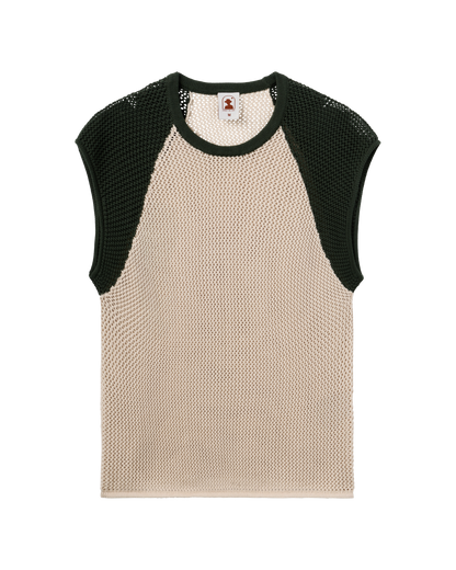 The Porto Crochet Tank - Sabbia by Dandy Del Mar features a sleeveless beige mesh body with dark green textured shoulder panels, shown flat against a plain background.