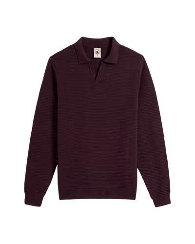 The Sebastian LS Polo Shirt - Amethyst by Dandy Del Mar is a men’s long sleeve knitwear piece in dark maroon with a sweater knit texture and ribbed hem and cuffs, shown laid flat on a white background.